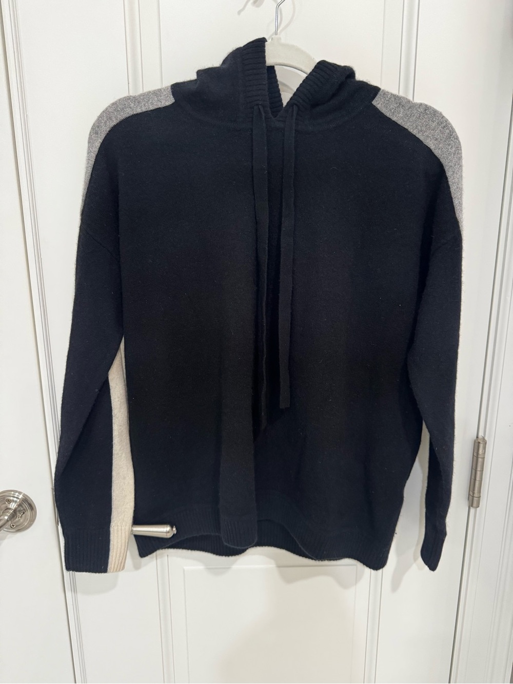 Minnie Rose Black Hoodie Sweater with Gray Shoulders and Cream Side Stripe